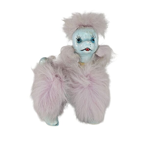 Vintage 60s Porcelain Poodle Figurine Purple Rabbit Fur National Potteries Japan
